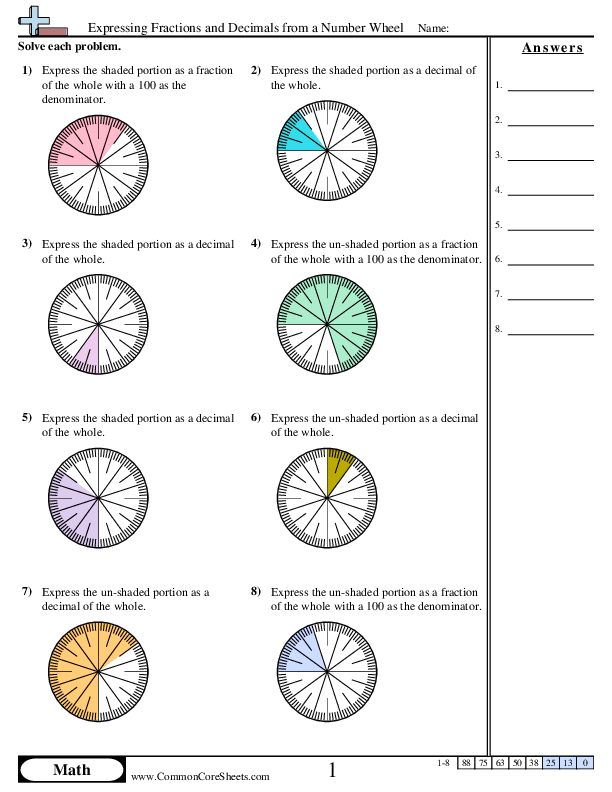 Fraction Worksheets - Expressing Fractions and Decimals from a Number Wheel worksheet